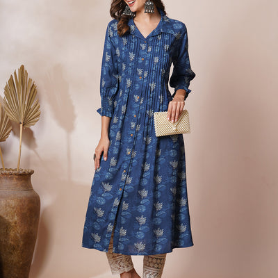 Abstract Floral Printed A-Line Pleated Maxi Dress - Blue