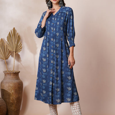 Abstract Floral Printed A-Line Pleated Maxi Dress - Blue