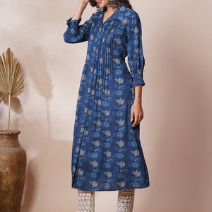 Abstract Floral Printed A-Line Pleated Maxi Dress - Blue