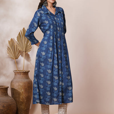 Abstract Floral Printed A-Line Pleated Maxi Dress - Blue