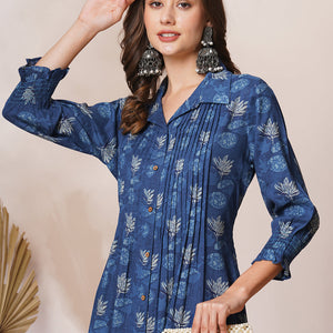 Abstract Floral Printed A-Line Pleated Maxi Dress - Blue