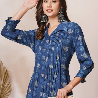 Abstract Floral Printed A-Line Pleated Maxi Dress - Blue