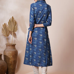 Abstract Floral Printed A-Line Pleated Maxi Dress - Blue