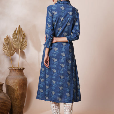 Abstract Floral Printed A-Line Pleated Maxi Dress - Blue