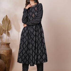 Ethnic Printed & Mirror Embroidered Anarkali Flared Kurta with Pant - Black