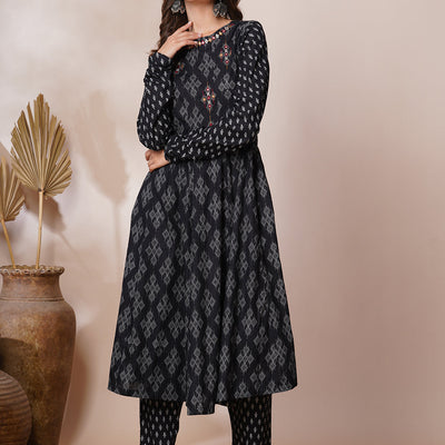 Ethnic Printed & Mirror Embroidered Anarkali Flared Kurta with Pant - Black