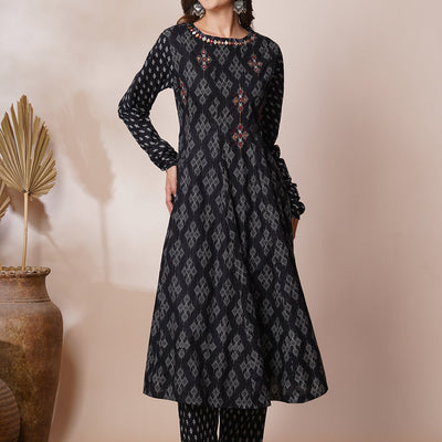 Ethnic Printed & Mirror Embroidered Anarkali Flared Kurta with Pant - Black