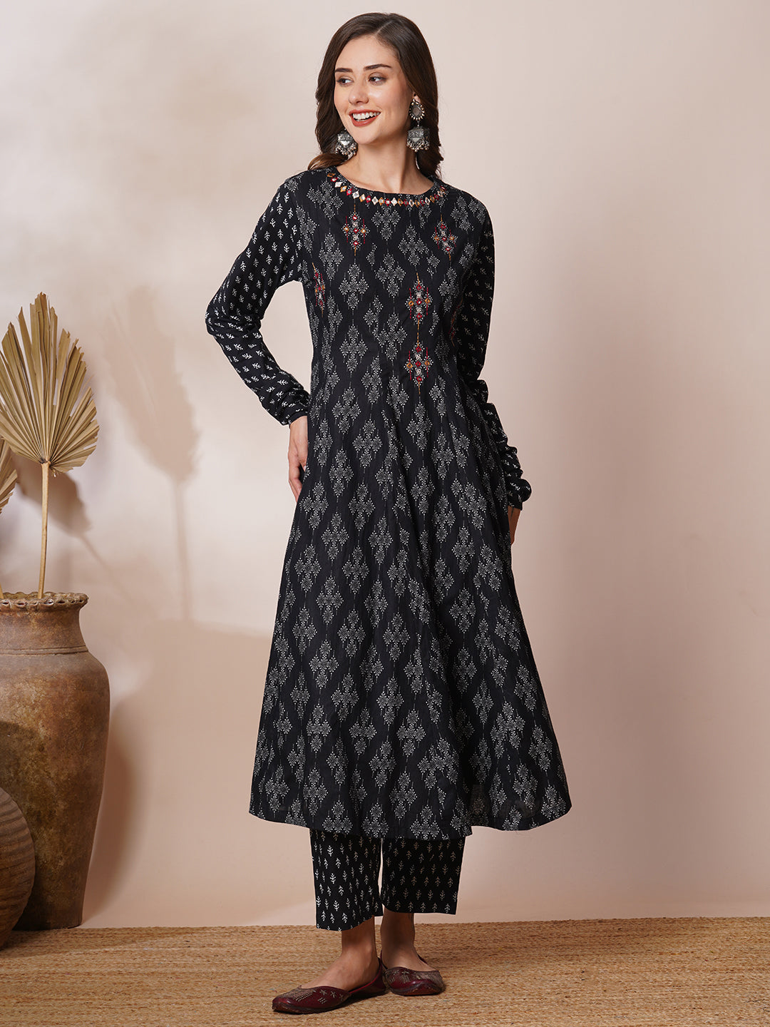 Ethnic Printed & Mirror Embroidered Anarkali Flared Kurta with Pant - Black