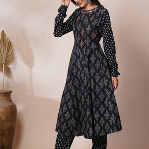 Ethnic Printed & Mirror Embroidered Anarkali Flared Kurta with Pant - Black
