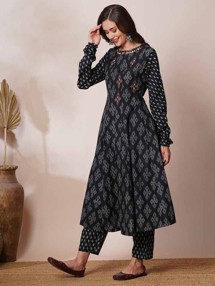 Ethnic Printed & Mirror Embroidered Anarkali Flared Kurta with Pant - Black