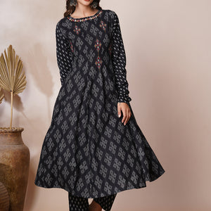 Ethnic Printed & Mirror Embroidered Anarkali Flared Kurta with Pant - Black