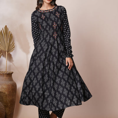 Ethnic Printed & Mirror Embroidered Anarkali Flared Kurta with Pant - Black