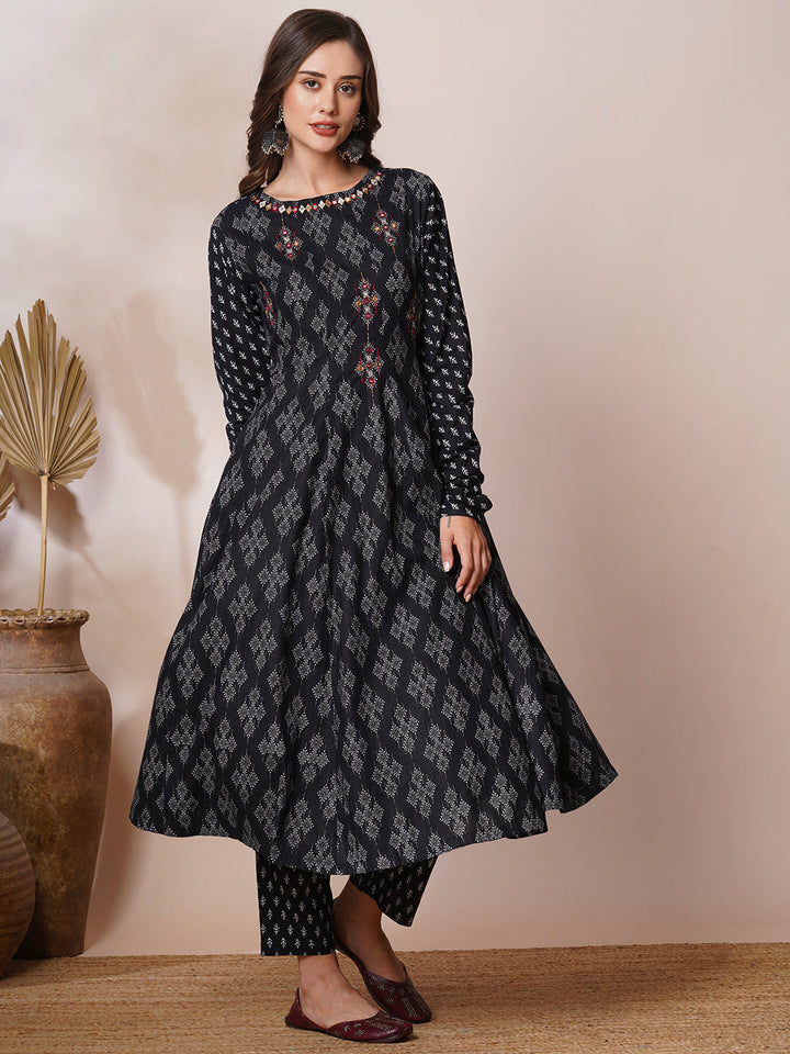 Ethnic Printed & Mirror Embroidered Anarkali Flared Kurta with Pant - Black