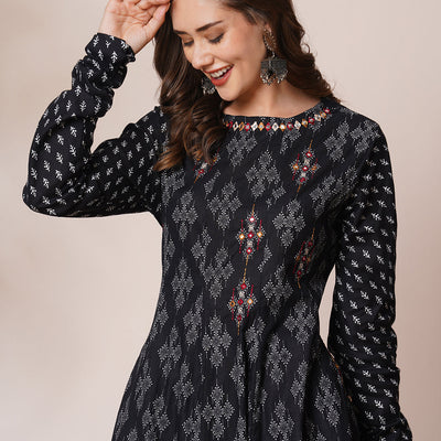 Ethnic Printed & Mirror Embroidered Anarkali Flared Kurta with Pant - Black