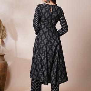 Ethnic Printed & Mirror Embroidered Anarkali Flared Kurta with Pant - Black