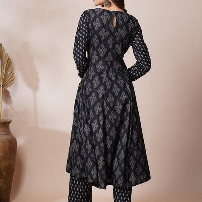 Ethnic Printed & Mirror Embroidered Anarkali Flared Kurta with Pant - Black