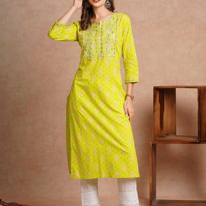 Ethnic Floral Printed & Embroidered Straight Fit Kurta - Lime Green