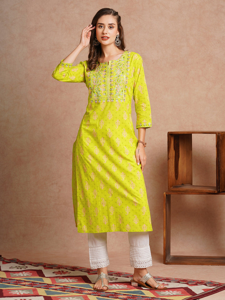 Ethnic Floral Printed & Embroidered Straight Fit Kurta - Lime Green