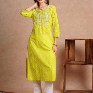 Ethnic Floral Printed & Embroidered Straight Fit Kurta - Lime Green