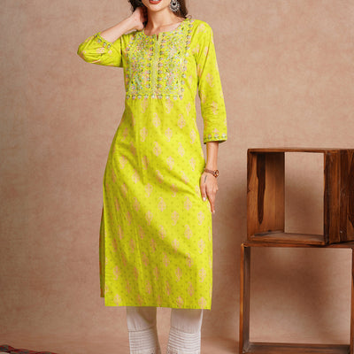 Ethnic Floral Printed & Embroidered Straight Fit Kurta - Lime Green
