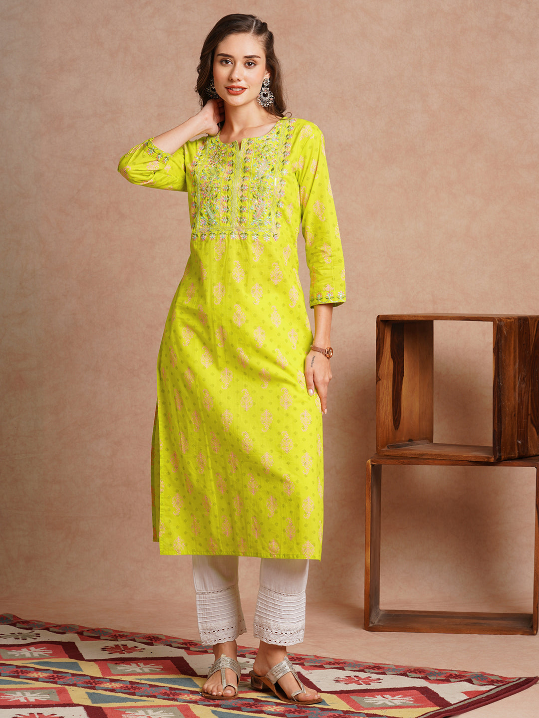 Ethnic Floral Printed & Embroidered Straight Fit Kurta - Lime Green