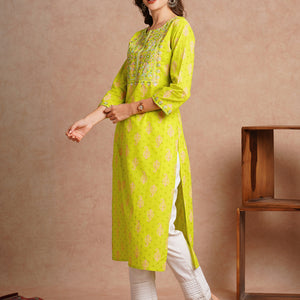 Ethnic Floral Printed & Embroidered Straight Fit Kurta - Lime Green