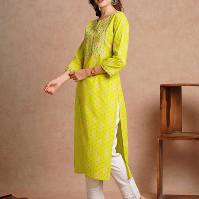 Ethnic Floral Printed & Embroidered Straight Fit Kurta - Lime Green