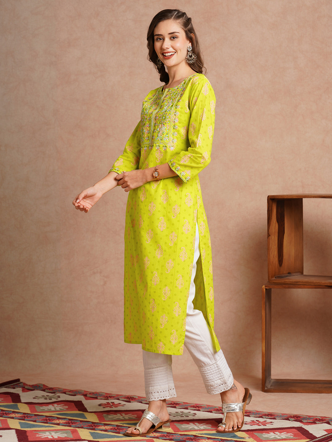 Ethnic Floral Printed & Embroidered Straight Fit Kurta - Lime Green