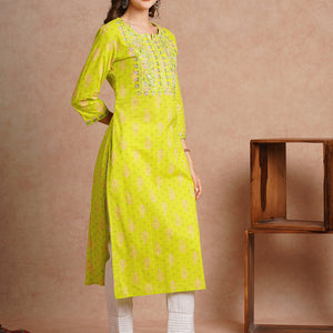 Ethnic Floral Printed & Embroidered Straight Fit Kurta - Lime Green