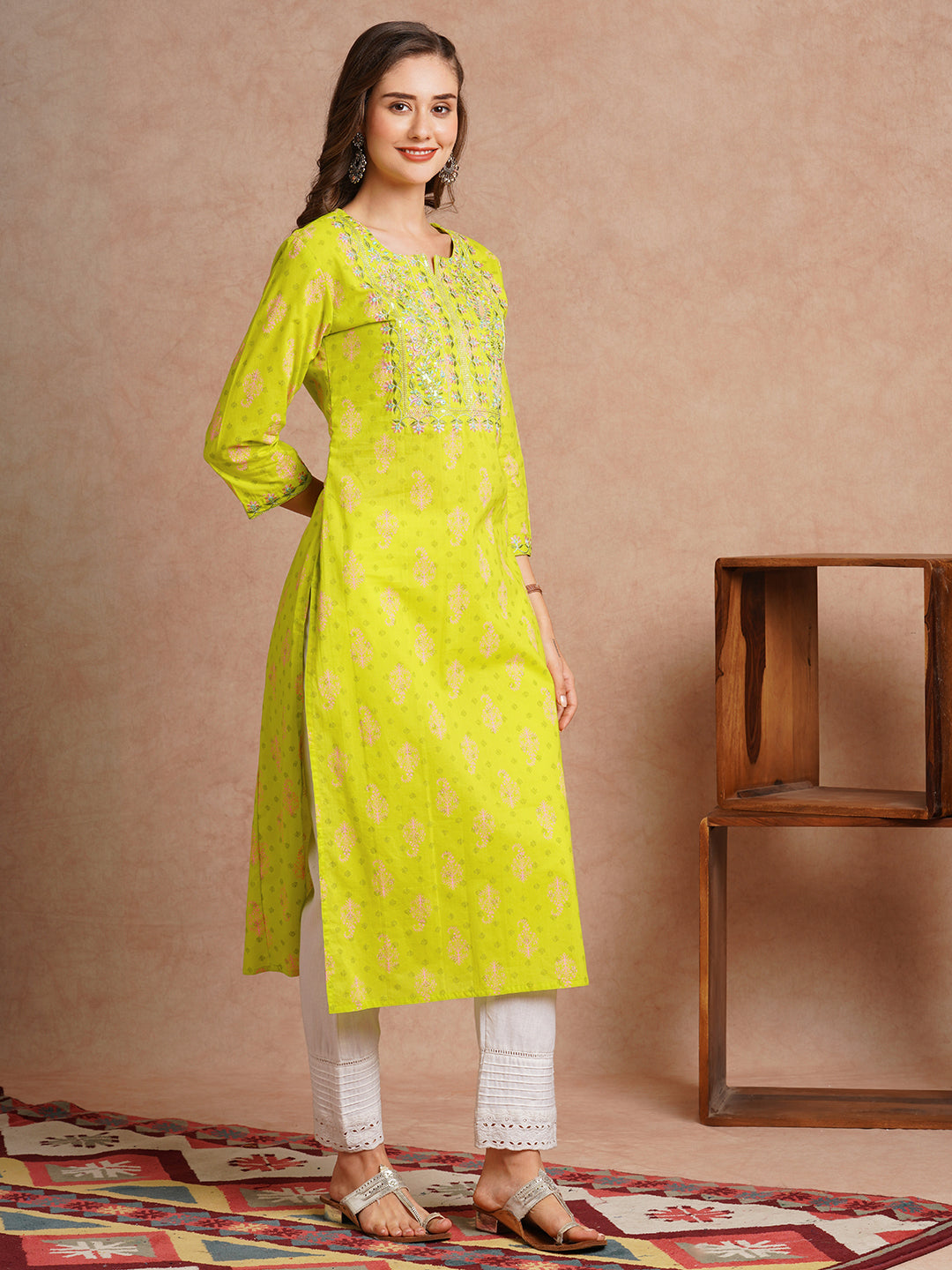 Ethnic Floral Printed & Embroidered Straight Fit Kurta - Lime Green