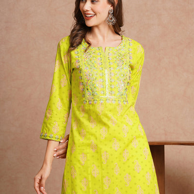 Ethnic Floral Printed & Embroidered Straight Fit Kurta - Lime Green