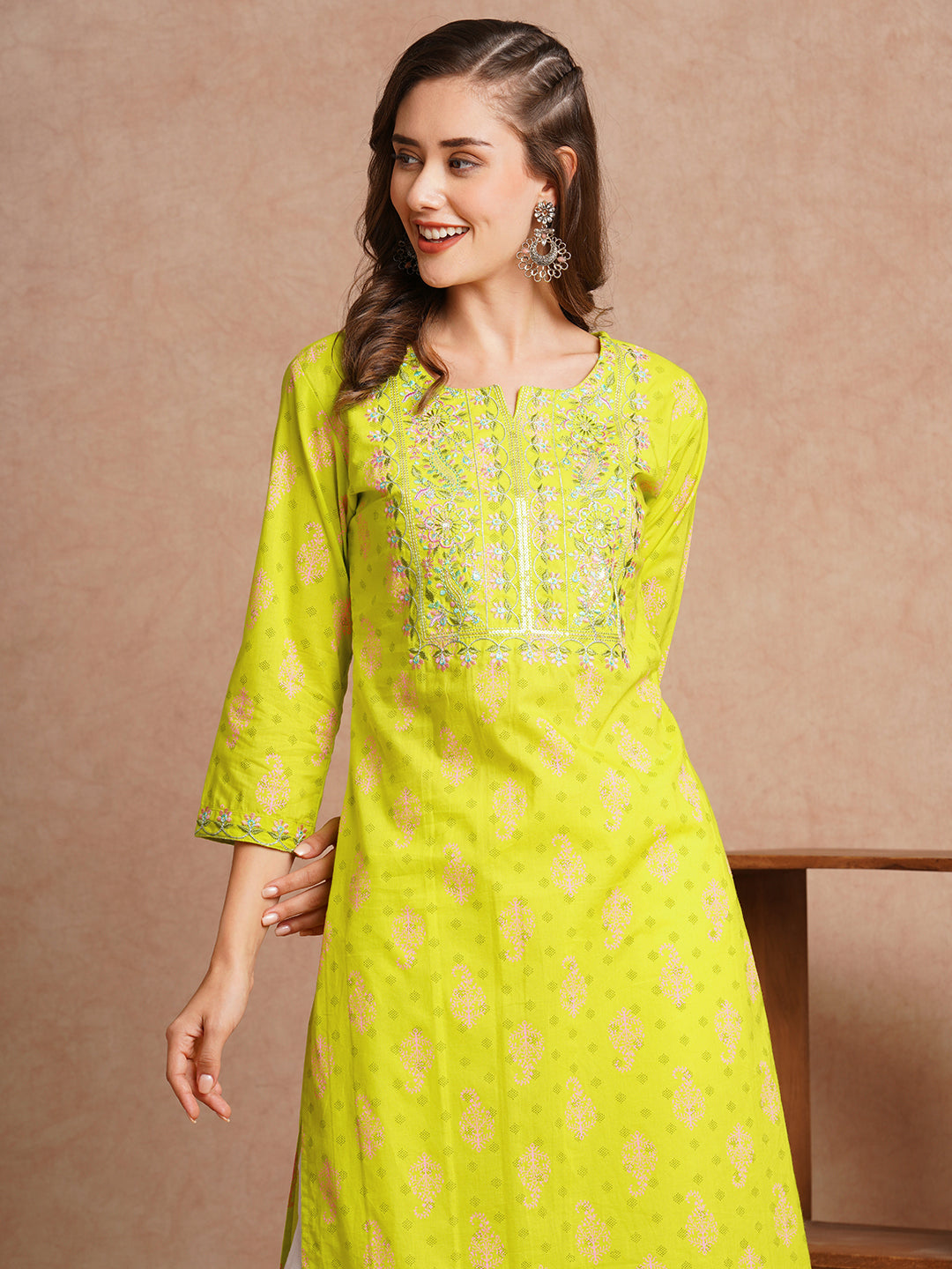 Ethnic Floral Printed & Embroidered Straight Fit Kurta - Lime Green