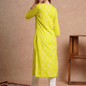Ethnic Floral Printed & Embroidered Straight Fit Kurta - Lime Green