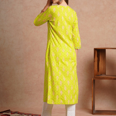 Ethnic Floral Printed & Embroidered Straight Fit Kurta - Lime Green