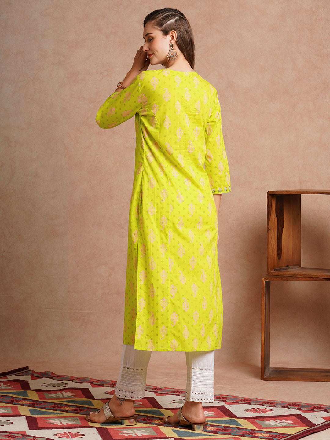 Ethnic Floral Printed & Embroidered Straight Fit Kurta - Lime Green