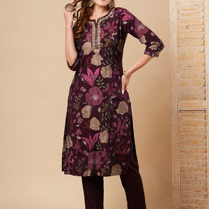 Floral Printed & Embroidered Straight Fit Kurta with Pant - Burgundy