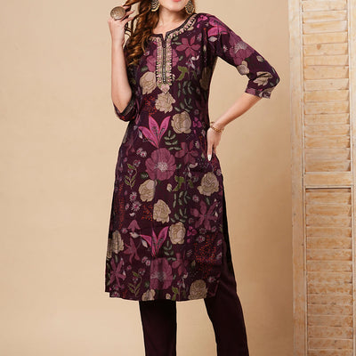 Floral Printed & Embroidered Straight Fit Kurta with Pant - Burgundy