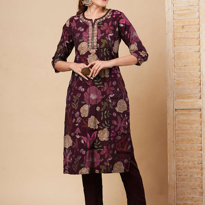Floral Printed & Embroidered Straight Fit Kurta with Pant - Burgundy
