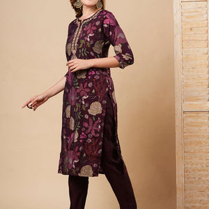 Floral Printed & Embroidered Straight Fit Kurta with Pant - Burgundy