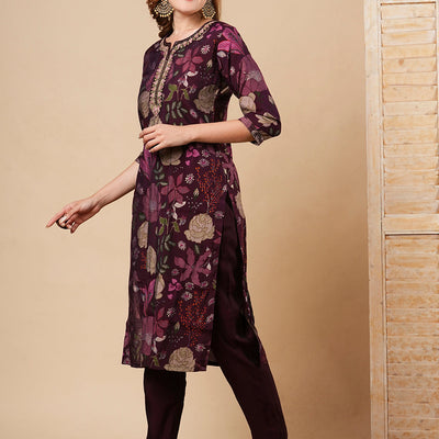 Floral Printed & Embroidered Straight Fit Kurta with Pant - Burgundy