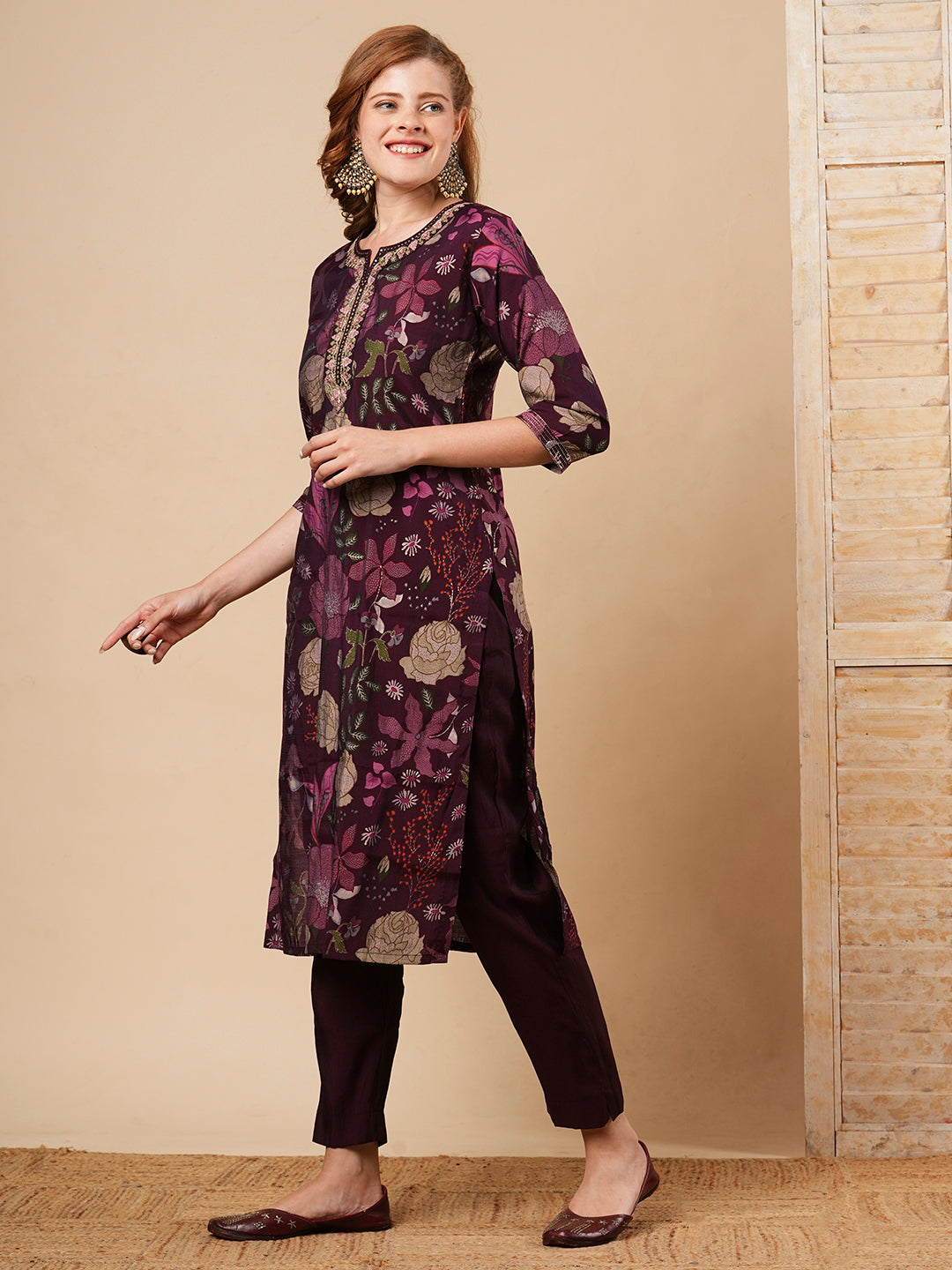 Floral Printed & Embroidered Straight Fit Kurta with Pant - Burgundy