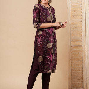 Floral Printed & Embroidered Straight Fit Kurta with Pant - Burgundy