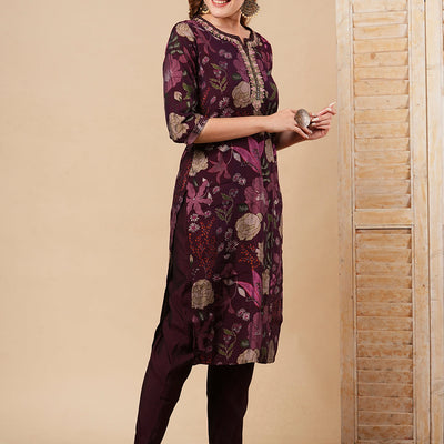 Floral Printed & Embroidered Straight Fit Kurta with Pant - Burgundy