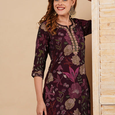 Floral Printed & Embroidered Straight Fit Kurta with Pant - Burgundy