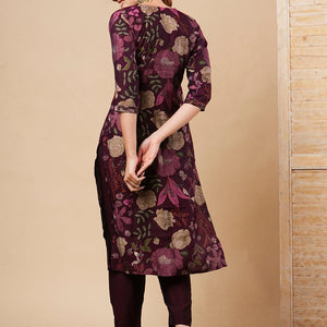 Floral Printed & Embroidered Straight Fit Kurta with Pant - Burgundy
