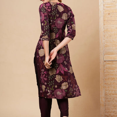 Floral Printed & Embroidered Straight Fit Kurta with Pant - Burgundy