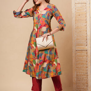 Abstract Floral Foil Printed A-Line Kurta with Pant - Multi