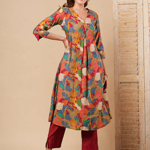 Abstract Floral Foil Printed A-Line Kurta with Pant - Multi
