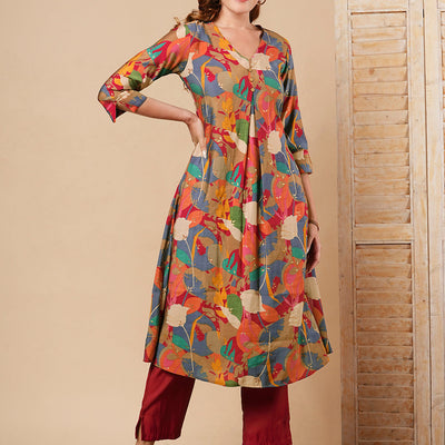 Abstract Floral Foil Printed A-Line Kurta with Pant - Multi