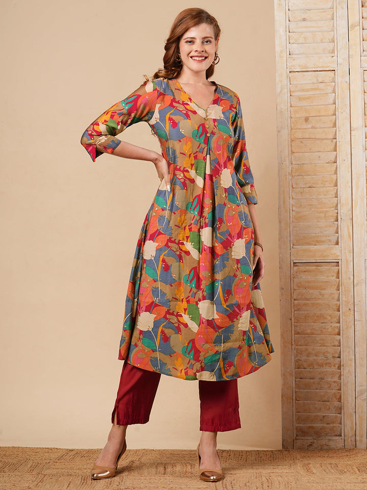 Abstract Floral Foil Printed A-Line Kurta with Pant - Multi